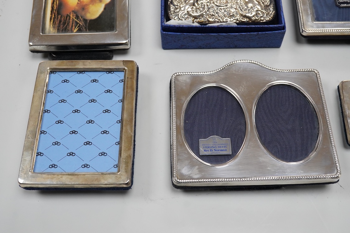 A collection of eight modern silver mounted photograph frames, including double, maker AN, width 11.2cm.